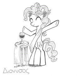 Size: 1468x1440 | Tagged: safe, artist:catscratchpaper, pinkie pie, pony, bipedal, dionysus, greek, greek mythology, monochrome, solo, wine