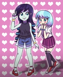 Size: 1024x1244 | Tagged: safe, artist:sumin6301, coco pommel, coloratura, equestria girls, blushing, bracelet, clothes, cocobetes, cute, denim, equestria girls-ified, high heels, mary janes, pleated skirt, rara, rarabetes, see-through, shoes, shorts, skirt, socks, thigh highs, veil, zettai ryouiki