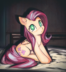 Size: 2707x2971 | Tagged: safe, artist:mirroredsea, fluttershy, pegasus, pony, bed, colored pupils, cute, female, folded wings, looking at you, mare, shyabetes, sitting, solo