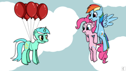 Size: 800x450 | Tagged: safe, artist:subjectnumber2394, lyra heartstrings, pinkie pie, rainbow dash, earth pony, pegasus, pony, balloon, flying, prank