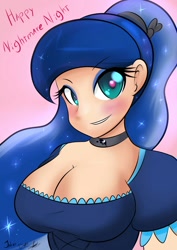 Size: 1240x1754 | Tagged: safe, artist:thearcano13, princess luna, human, breasts, choker, cleavage, clothes, costume, female, heart eyes, humanized, maid, nightmare night, princess balloona, smiling, solo, wingding eyes