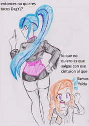 Size: 2009x2836 | Tagged: safe, artist:orochivanus, adagio dazzle, sonata dusk, equestria girls, clothes, jacket, simple background, skirt, socks, spanish, thigh highs, traditional art, translated in the comments