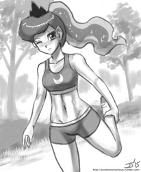 Size: 800x970 | Tagged: safe, artist:johnjoseco, princess luna, human, abs, belly button, clothes, female, grayscale, humanized, looking at you, midriff, monochrome, one eye closed, sketch, solo, sports bra, sports shorts, stretching, wink