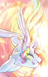 Size: 2188x3492 | Tagged: safe, artist:mirroredsea, rainbow dash, pegasus, pony, bright, cute, dashabetes, eyes closed, eyestrain warning, female, flying, happy, mare, smiling, solo, spread wings, wings