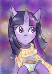 Size: 2149x3035 | Tagged: safe, artist:little-red-hamster, derpibooru import, twilight sparkle, clothes, scarf, tea