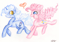 Size: 1400x994 | Tagged: safe, artist:tenthy, pinkie pie, pokey pierce, earth pony, pony, female, heart, male, pokeypie, shipping, straight, traditional art