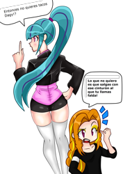 Size: 2009x2836 | Tagged: safe, artist:eliozdherion, artist:orochivanus, adagio dazzle, sonata dusk, equestria girls, clothes, dialogue, food, jacket, simple background, skirt, socks, sonataco, spanish, taco, thigh highs, traditional art, translated in the description, white background