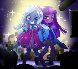 Size: 900x800 | Tagged: safe, artist:quizia, derpibooru import, trixie, twilight sparkle, human, clothes, cute, dress, humanized, pleated skirt, shoes, skirt, stage, younger