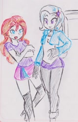 Size: 1463x2294 | Tagged: safe, artist:orochivanus, derpibooru import, sunset shimmer, trixie, equestria girls, traditional art