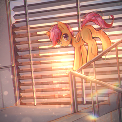 Size: 2800x2800 | Tagged: safe, artist:mirroredsea, scootaloo, pegasus, pony, behaving like a cat, blank flank, blinds, cute, cutealoo, female, folded wings, head turn, lens flare, looking at you, mare, missing cutie mark, plot, railing, solo, stairs, sunlight, window