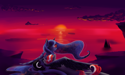 Size: 3800x2300 | Tagged: safe, artist:mokychan, princess luna, oc, oc:hyper active, alicorn, pony, canon x oc, cloud, cute, horizon, hug, looking back, lunabetes, lying down, mountain, ocean, scenery, shipping, sleeping, sun, sunglasses, sunset, windswept mane, winghug