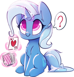 Size: 583x600 | Tagged: safe, artist:loneless-art, derpibooru import, trixie, pony, unicorn, :t, blushing, card, chest fluff, chibi, colored pupils, cute, deck, deck of cards, diatrixes, ear fluff, female, glowing horn, heart, heart eyes, hoof fluff, levitation, looking up, magic, magic trick, mare, pictogram, question mark, simple background, sitting, smiling, solo, speech bubble, telekinesis, transparent background, wingding eyes