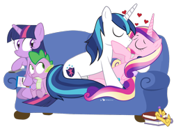 Size: 1150x850 | Tagged: safe, artist:dm29, princess cadance, shining armor, spike, twilight sparkle, twilight sparkle (alicorn), alicorn, dragon, pony, unicorn, awkward, cuddling, female, frown, heart, inconvenient making out cadance and shining armor, kissing, male, mare, on back, romance, romantic, shiningcadance, shipping, simple background, snuggling, sofa, stallion, straight, transparent background, watching, wide eyes