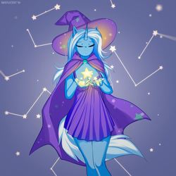 Size: 1000x1000 | Tagged: safe, artist:margony, derpibooru import, trixie, anthro, unicorn, abstract background, cape, clothes, constellation, cute, diatrixes, dress, explicit source, eyes closed, female, hat, magic, mare, solo, stars, trixie's cape, trixie's hat