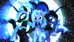 Size: 1920x1080 | Tagged: safe, artist:powdan, nightmare moon, princess luna, alicorn, pony, 3d, filly, gmod, lunar trinity, moon, woona