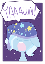 Size: 736x1038 | Tagged: safe, artist:typhwosion, derpibooru import, trixie, pony, bust, cute, diatrixes, eyes closed, floppy ears, head only, night, open mouth, portrait, sky, sleeping cap, solo, speech bubble, stars, yawn