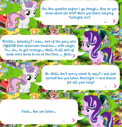 Size: 940x980 | Tagged: safe, derpibooru import, starlight glimmer, sweetie belle, trixie, pony, the cutie re-mark, dialogue, embarrassed, gameloft, guilt