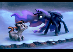 Size: 2800x1992 | Tagged: safe, artist:lachtaube, princess luna, oc, oc:nightflame, alicorn, pony, dream, dream walker luna, prone, snow, snowfall, spread wings