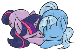 Size: 938x625 | Tagged: safe, artist:mysteryrose, derpibooru import, edit, trixie, twilight sparkle, pony, unicorn, cropped, cute, diatrixes, female, lesbian, mare, shipping, simple background, sleeping, transparent background, twiabetes, twixie