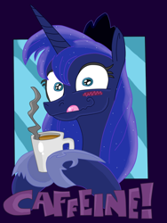 Size: 768x1024 | Tagged: safe, artist:andypriceart, artist:krazykari, princess luna, alicorn, pony, coffee, food, luna found the coffee, solo, this will end in tears, wide eyes