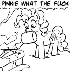 Size: 945x945 | Tagged: safe, artist:megasweet, pinkie pie, earth pony, pony, implied bedwetting, monochrome, not a bedwetting meme, pun, vulgar, watering can