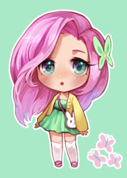 Size: 844x1179 | Tagged: safe, artist:pinkiepiee, fluttershy, human, animal bag, bag, barrette, cardigan, chibi, clothes, cute, cyan eyes, daaaaaaaaaaaw, digital art, dress, green background, green dress, hair accessory, humanized, light skin, looking at you, pink hair, pixiv, sandals, simple background, socks, solo, standing, stockings, sweater, sweatershy, thigh highs, white socks, white stockings, yellow sweater