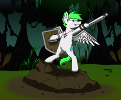 Size: 2228x1837 | Tagged: safe, artist:madkrayzypony, oc, oc only, oc:lust mint, everfree forest, shield, solo, sword