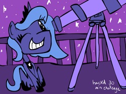 Size: 1600x1200 | Tagged: safe, artist:hackd, princess luna, alicorn, pony, 30 minute art challenge, filly, sitting, solo, telescope, woona