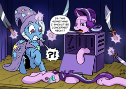 Size: 2047x1447 | Tagged: safe, artist:pony-berserker, derpibooru import, starlight glimmer, trixie, pony, unicorn, annoyed, box, cage, cape, clothes, comic, cut, deadpan snarker, dialogue, dismemberment, duo, exclamation point, female, floppy ears, frown, glowing horn, gritted teeth, hat, headless, i can't believe it's not idw, interrobang, levitation, lidded eyes, looking down, magic, magic aura, magic show, magic trick, mare, modular, one hoof raised, plot, question mark, raised hoof, raised leg, scared, scimitar, shivering, short tail, shrunken pupils, speech bubble, sword, telekinesis, this will not end well, trixie's cape, trixie's hat, unamused, wat, weapon, wide eyes