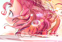 Size: 3712x2487 | Tagged: safe, artist:mirroredsea, pinkie pie, earth pony, pony, bust, crying, female, looking away, looking up, mare, portrait, smiling, solo, wallpaper