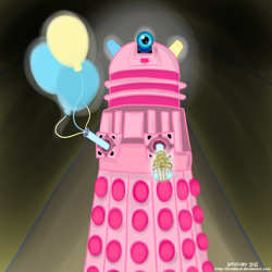 Size: 1000x1000 | Tagged: safe, artist:invidlord, pinkie pie, balloon, barely pony related, cupcake, dalek, doctor who, gradient background, looking at you, no pony, solo