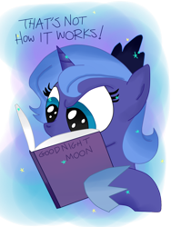 Size: 768x1024 | Tagged: safe, artist:andypriceart, artist:krazykari, princess luna, alicorn, pony, book, filly, goodnight moon, reading, solo, woona