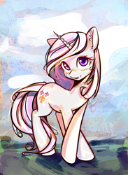 Size: 1768x2414 | Tagged: safe, artist:mirroredsea, fleur-de-lis, pony, unicorn, colored sketch, ear fluff, female, fleurabetes, looking at you, mare, smiling, solo