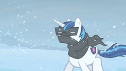 Size: 1365x768 | Tagged: safe, screencap, shining armor, pony, unicorn, the crystal empire, clothes, scarf, snow, snow goggles, snowfall, solo