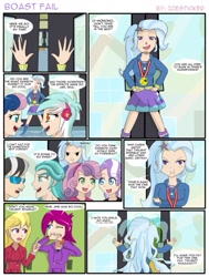 Size: 777x1029 | Tagged: safe, artist:icesticker, derpibooru import, bon bon, brawly beats, diamond tiara, fuchsia blush, lavender lace, lyra heartstrings, ringo, sweetie belle, sweetie drops, trixie, human, equestria girls, anime, background human, comic, humanized