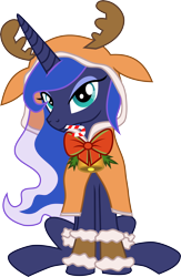 Size: 3584x5512 | Tagged: safe, artist:lunarina, princess luna, alicorn, pony, absurd resolution, candy, candy cane, cape, clothes, food, looking at you, mouth hold, reindeer antlers, simple background, sitting, solo, transparent background, vector