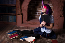 Size: 3000x1997 | Tagged: safe, artist:fox-tsai-sheng, twilight sparkle, human, adorkable, book, clothes, cosplay, costume, cute, dork, equestria girls outfit, irl, irl human, photo, pleated skirt, shirt, shoes, skirt, socks, solo, thigh highs, zettai ryouiki