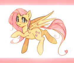 Size: 2800x2372 | Tagged: safe, artist:mirroredsea, fluttershy, pegasus, pony, cute, female, head turn, looking at you, mare, raised hoof, raised leg, shyabetes, simple background, smiling, solo, spread wings, wings