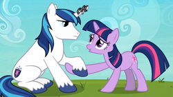 Size: 1365x768 | Tagged: safe, screencap, shining armor, twilight sparkle, pony, unicorn, the crystal empire, grass, holding hooves, horn, horn crystals, magic suppression