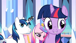 Size: 1366x768 | Tagged: safe, screencap, princess cadance, shining armor, twilight sparkle, alicorn, pony, unicorn, the crystal empire, crystal empire, frown, glowing horn, grin, horn, horn crystals, magic, magic suppression, sad, smiling, tired, vacant expression, wat, wide eyes