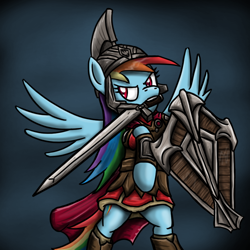 Size: 750x750 | Tagged: safe, artist:silentbutbeardly, derpibooru import, rainbow dash, pegasus, pony, armor, crossover, mouth hold, shield, skyrim, sword, the elder scrolls