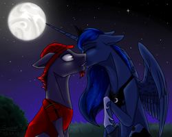 Size: 1600x1277 | Tagged: safe, artist:sunny way, princess luna, oc, oc:hyper active, alicorn, pony, beard, bush, canon x oc, clothes, hat, kissing, moon, night, rcf community, shipping, stars, surprise kiss, vest, wide eyes