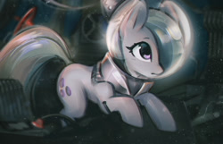 Size: 1555x1001 | Tagged: safe, artist:mirroredsea, marble pie, earth pony, pony, astronaut, curious, cute, female, frown, hair over one eye, helmet, leaning, looking at something, marblebetes, mare, solo, space helmet, spaceship, spacesuit