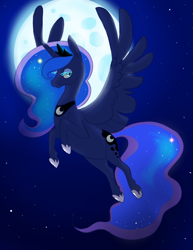 Size: 850x1100 | Tagged: safe, artist:janegumball, princess luna, alicorn, pony, female, flying, lidded eyes, mare, moon, night, smiling, solo, stars