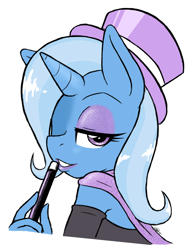 Size: 1280x1649 | Tagged: safe, artist:zaron, artist:zaronart, derpibooru import, trixie, anthro, unicorn, cloak, clothes, eyeshadow, female, hat, lipstick, looking at you, magic wand, makeup, mare, one eye closed, signature, smiling, solo, top hat, wand, wink