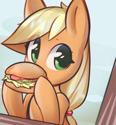 Size: 1104x1189 | Tagged: safe, artist:mirroredsea, applejack, earth pony, pony, burger, cute, eating, eye clipping through hair, female, food, freckles, hay burger, jackabetes, looking at you, mare, missing accessory, nom, solo