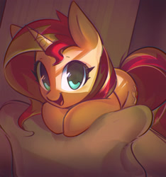 Size: 1112x1190 | Tagged: safe, artist:mirroredsea, sunset shimmer, pony, unicorn, cute, daaaaaaaaaaaw, female, leaning, looking at you, mare, open mouth, shimmerbetes, smiling, solo