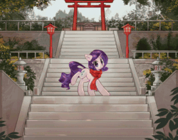 Size: 800x630 | Tagged: safe, artist:mirroredsea, rarity, pony, unicorn, animated, clothes, female, gif, horn, japan, lantern, mare, raised hoof, scarf, smiling, solo, stairs, standing, temple, torii