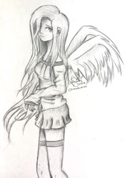 Size: 1024x1356 | Tagged: safe, artist:hithereweirdo, fluttershy, human, clothes, grayscale, humanized, monochrome, shirt, skirt, socks, solo, sweater, sweatershy, thigh highs, traditional art, winged humanization, zettai ryouiki