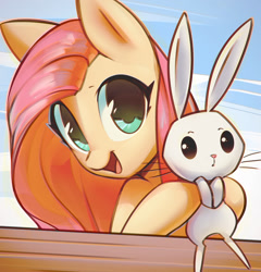 Size: 1102x1149 | Tagged: safe, artist:mirroredsea, angel bunny, fluttershy, pegasus, pony, bust, cute, duo, female, hoof hold, looking at you, mare, open mouth, shyabetes, smiling